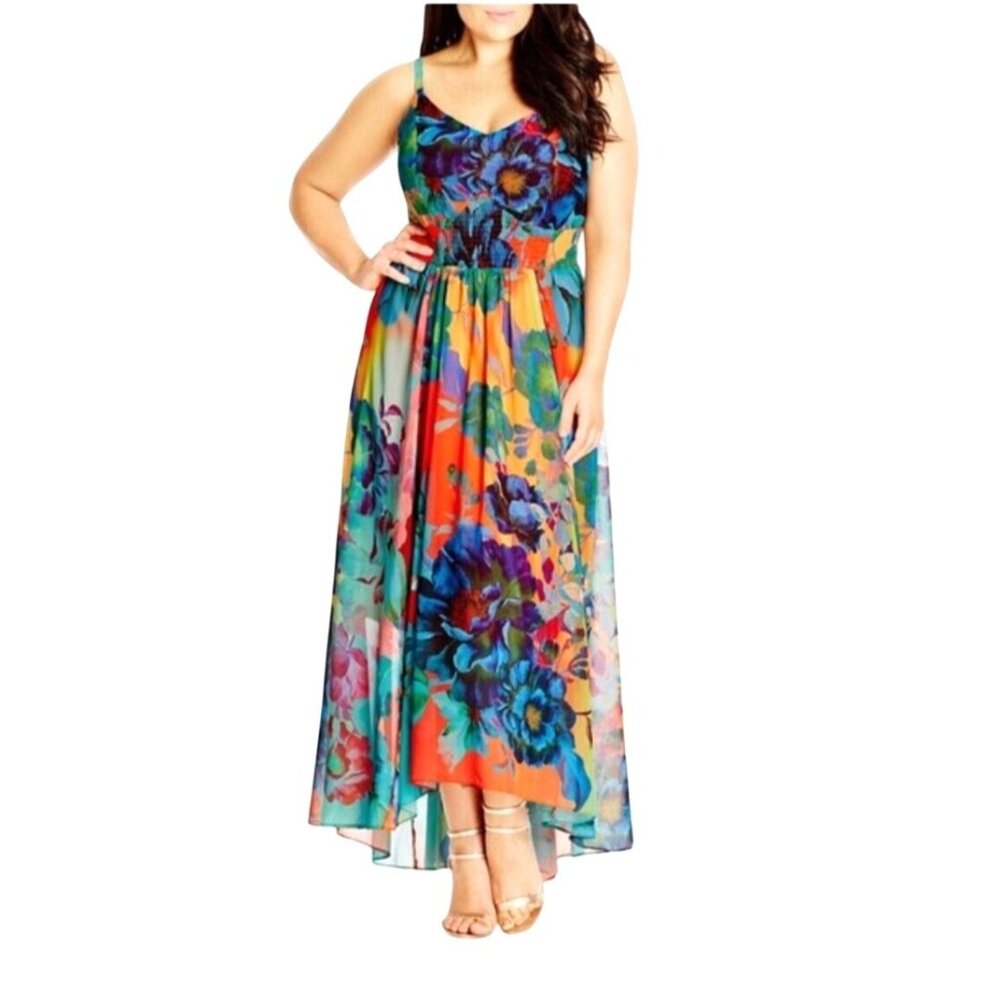City Chic Maxi Hot Summer Days Floral Print Coral Sleeveless High-low Hemline M/